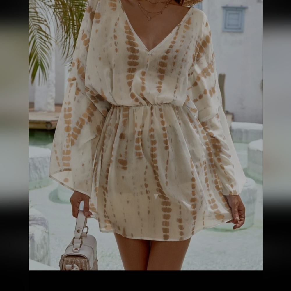 Print Chiffon Batwing Sleeve  Cover Up Without Bikini size small